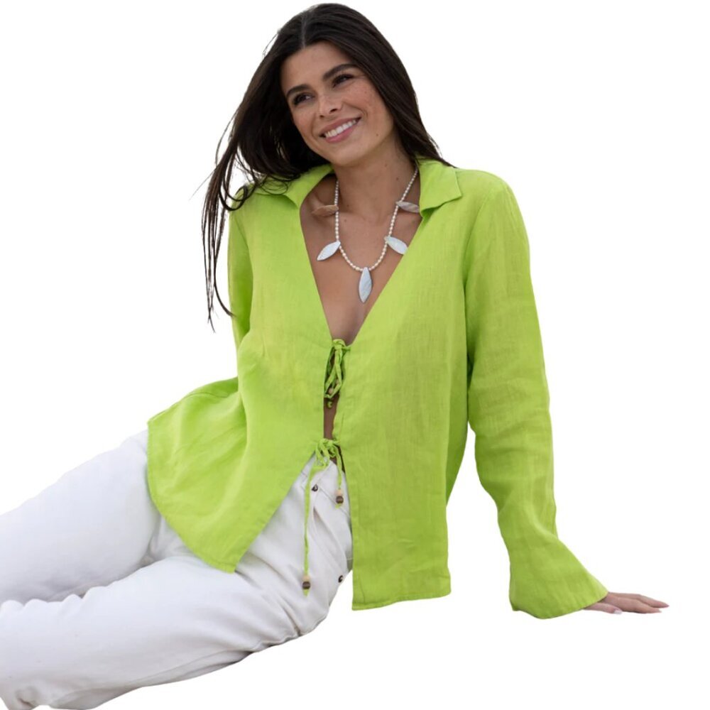 Zara 100% Linen Tie Front Long Sleeve Blouse Top Women's Medium Lime Green Boho
